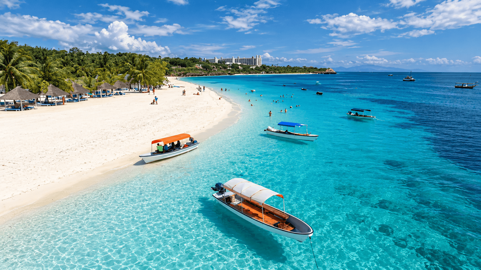 Aerial tropical lagoon with beach boats