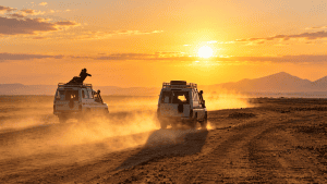 Dusty Safari Drive at Sunset