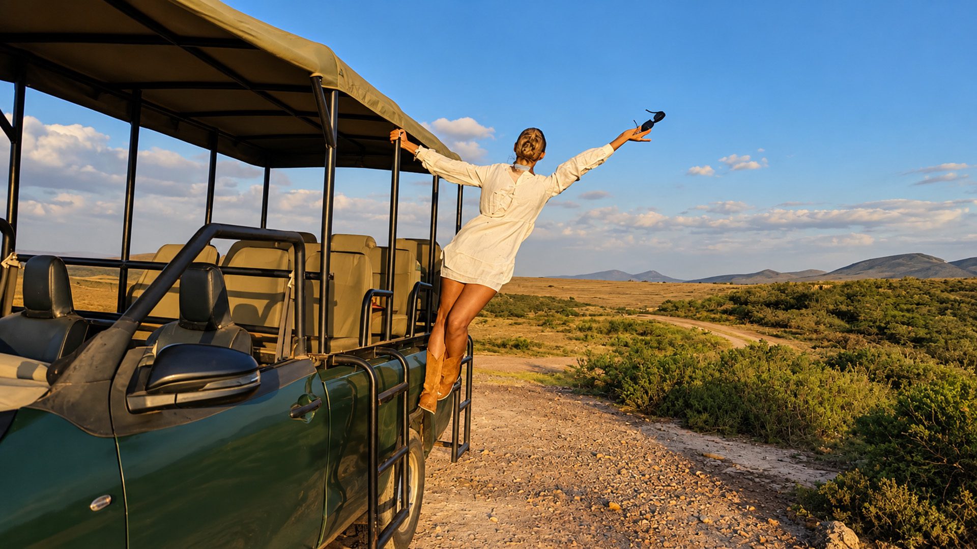 Open-air safari at golden hour