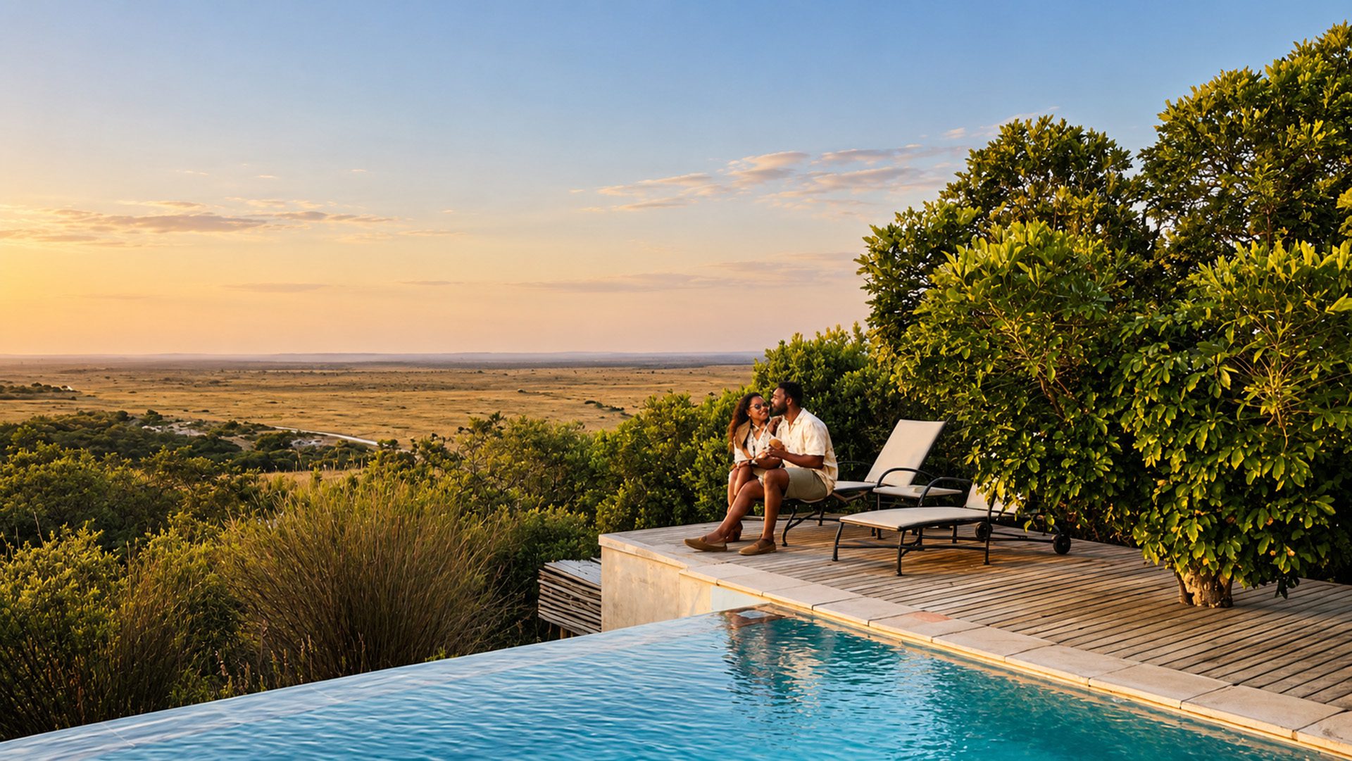 Peaceful couple overlooking African savannah