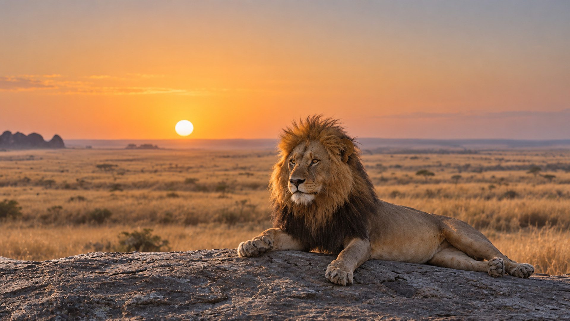 Resting lion beneath the African sunset
