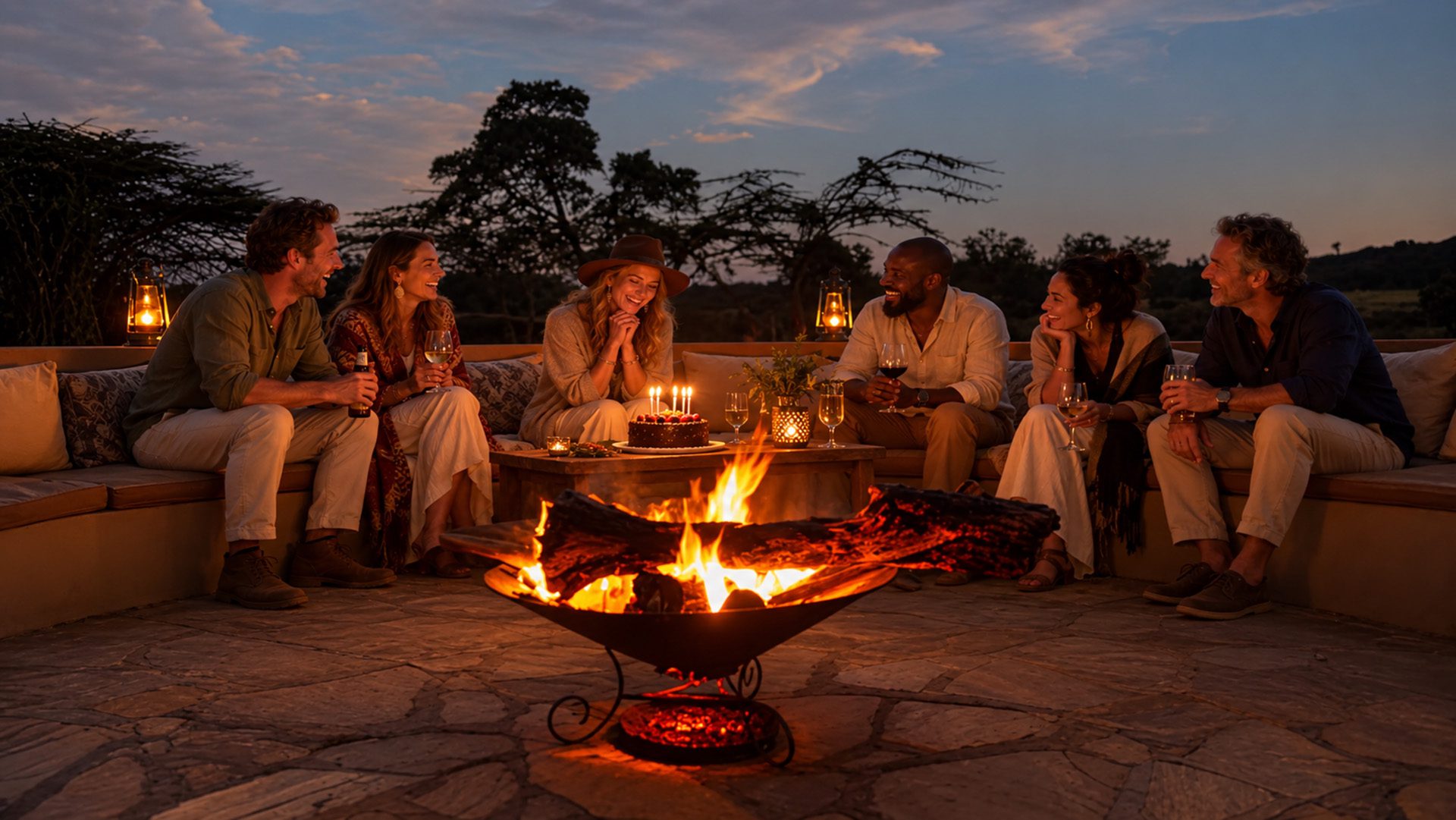 Safari lodge birthday by firelight